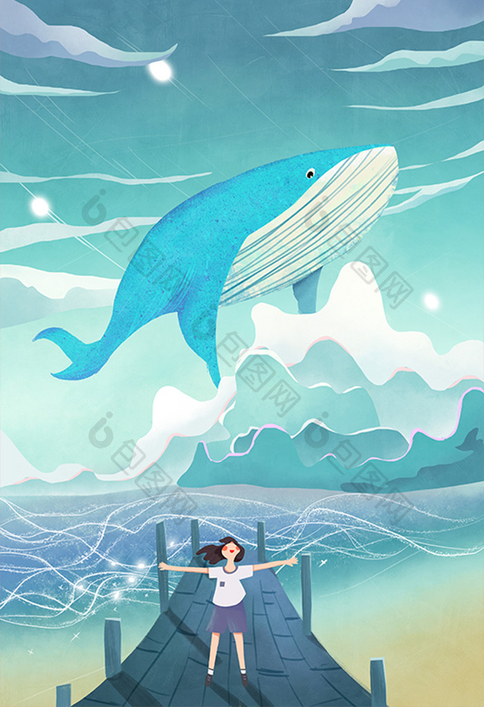 清新唯美世界海洋日大海鲸鱼少女插画