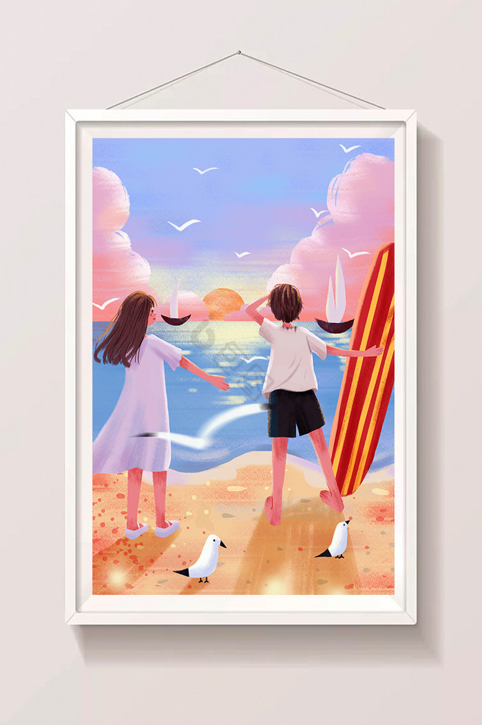 夏日旅游度假海边冲浪情侣插画图片