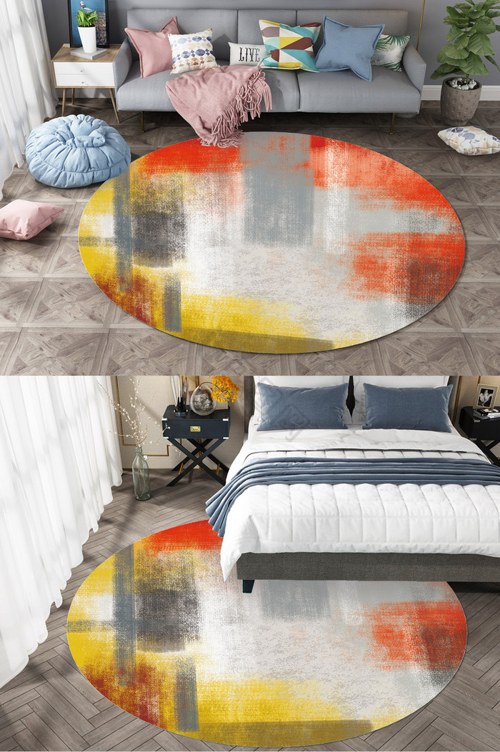 北欧简约彩绘撞色棉麻纹理圆形地毯图案图片