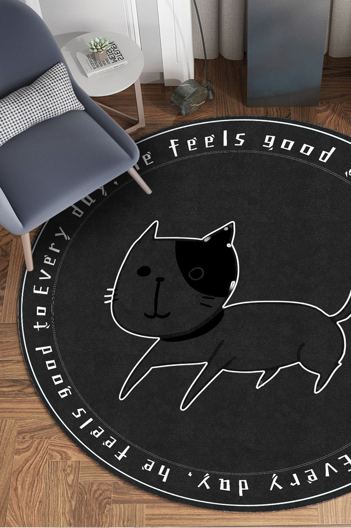 黑白可爱宠物猫咪线条卡通圆形地毯图案图片