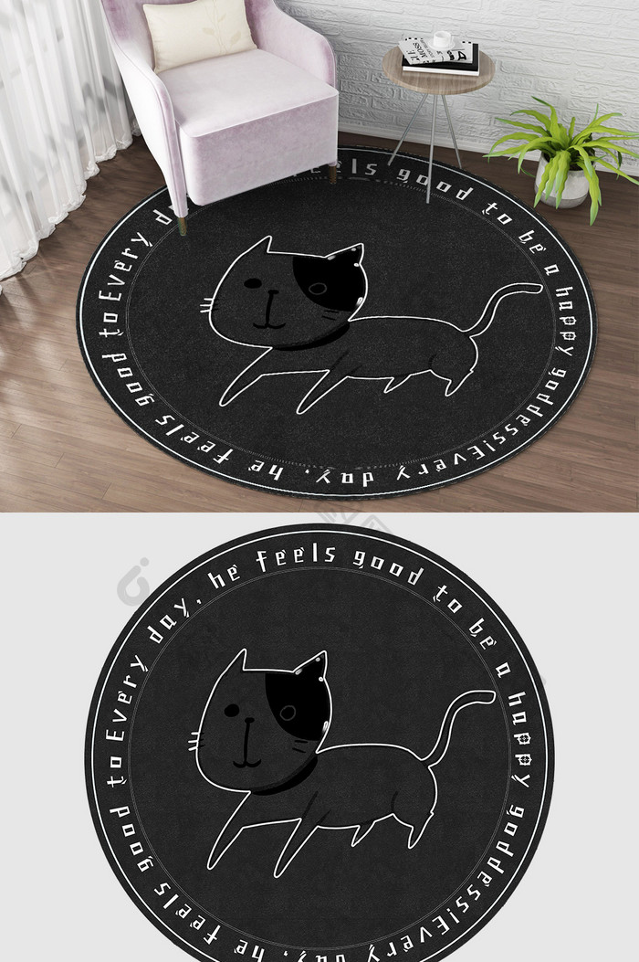 黑白可爱宠物猫咪线条卡通圆形地毯图案