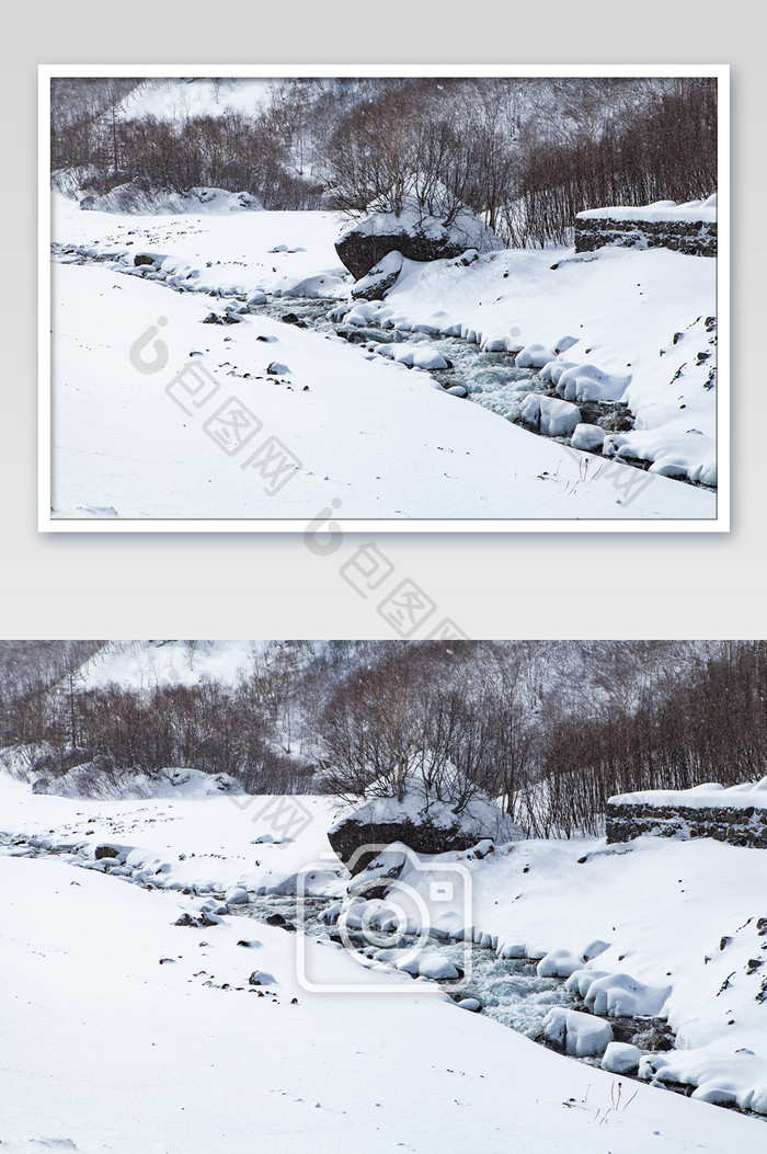 原始森林泉水冬季大雪摄影图片