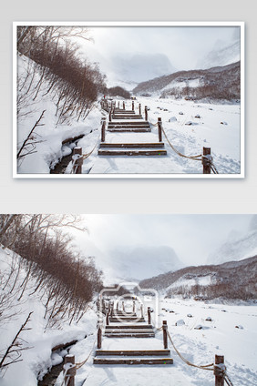 长白山冬季木栈道雪景