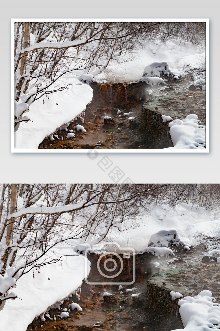长白山雪中温泉摄影图片