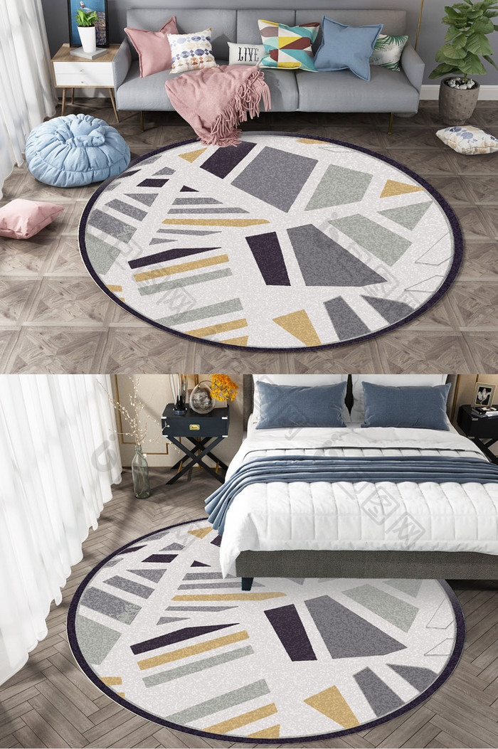 现代INS北欧几何线条块客厅圆形地毯图案