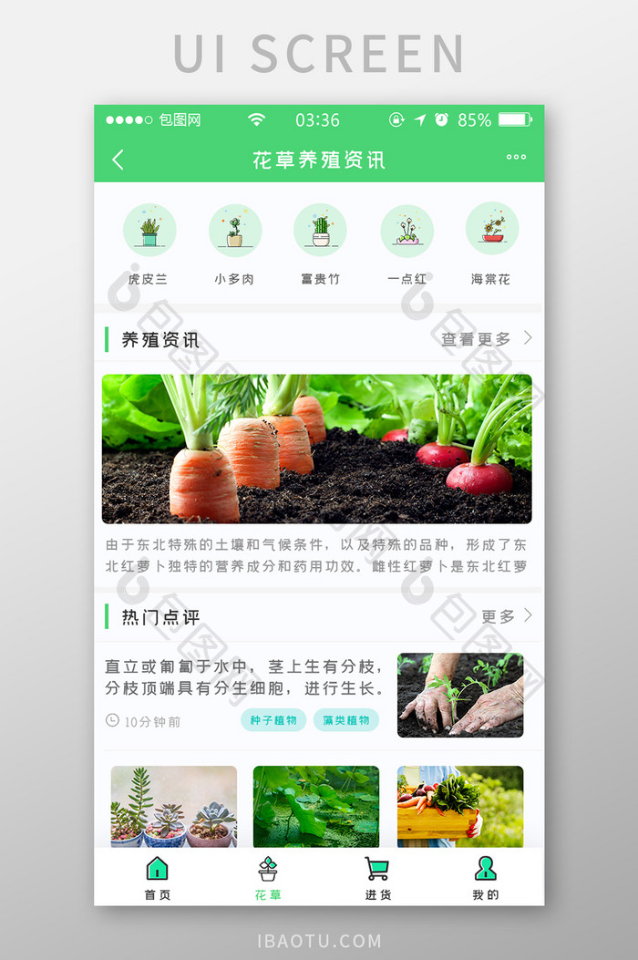 绿色扁平简约花草养殖资讯UI移动界面
