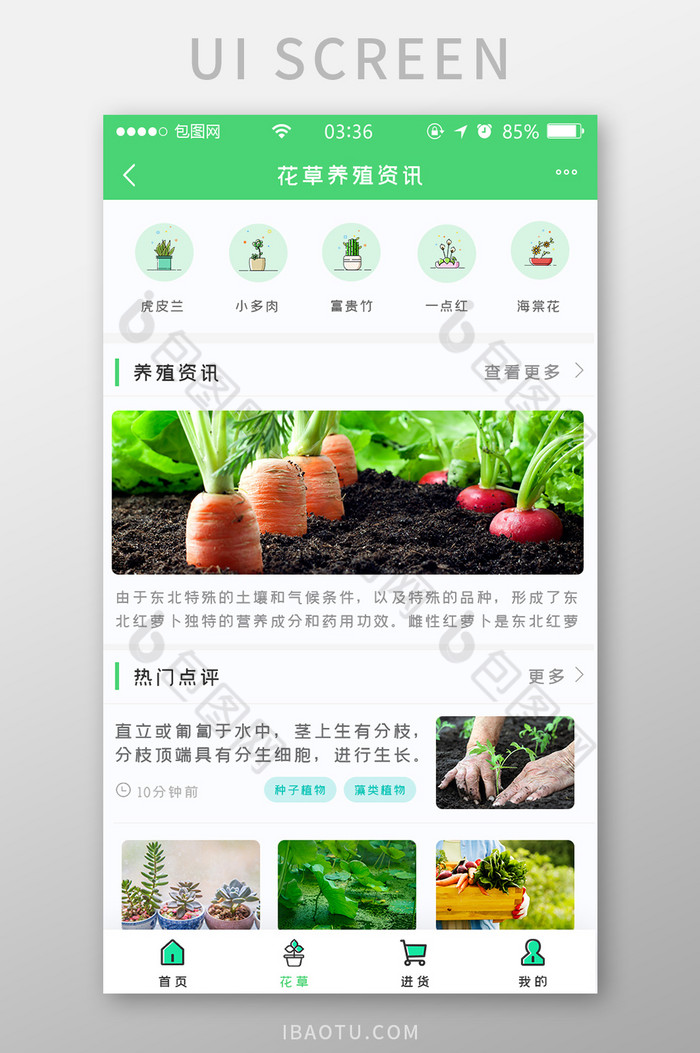绿色扁平简约花草养殖资讯UI移动界面图片图片