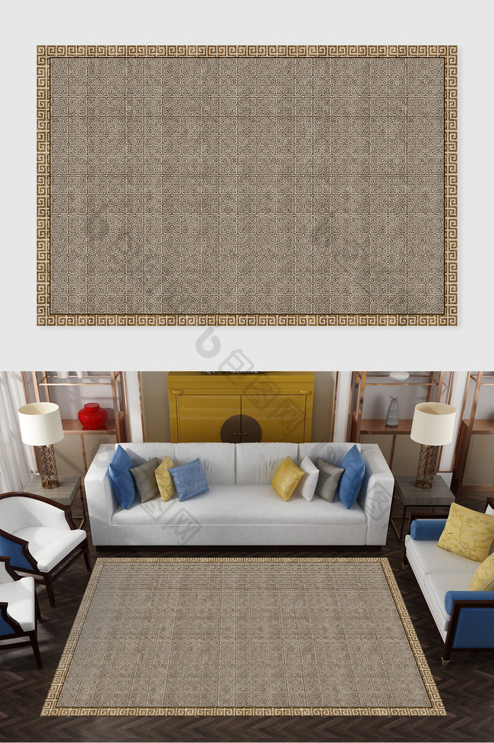 淡黄色苏雅中式风格回形纹印花地毯图案