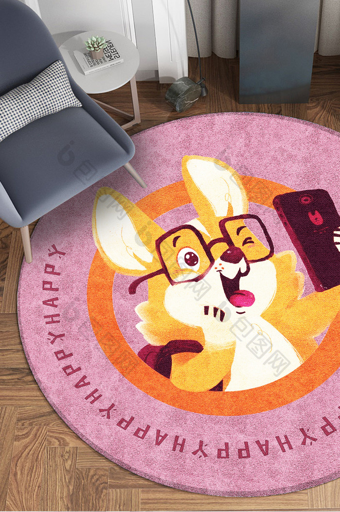 卡通粉色兔子圆形印花艺术地毯图案