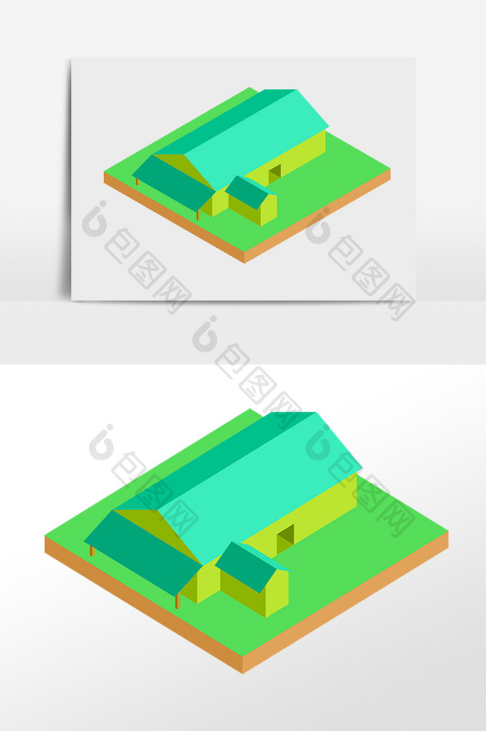 手绘2.5D立体绿色厂房建筑插画