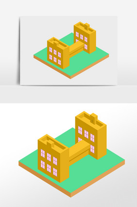 手绘2.5D立体黄色教学楼建筑插画