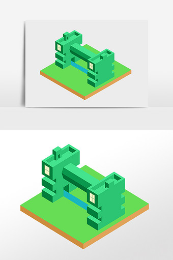 手绘2.5d立体绿色教学楼建筑插画