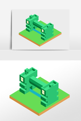 手绘2.5D立体绿色教学楼建筑插画