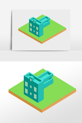 手绘2.5D立体绿色模型建筑插画