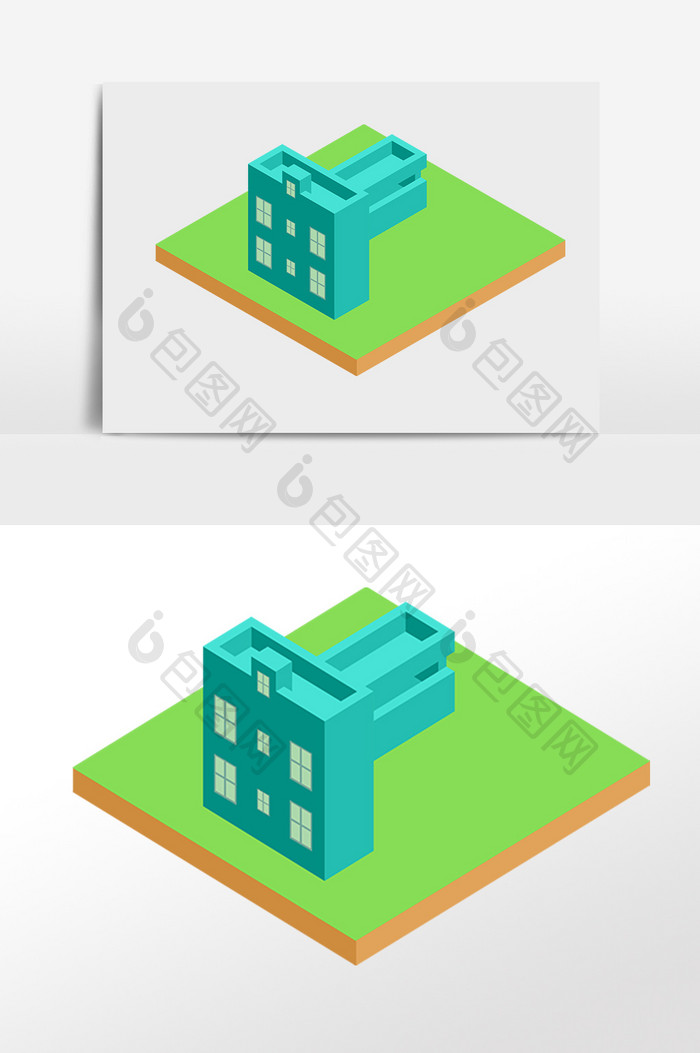 手绘2.5D立体绿色模型建筑插画