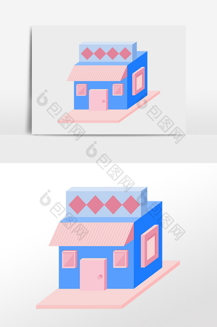 手绘2.5D立体小吃店建筑房屋插画