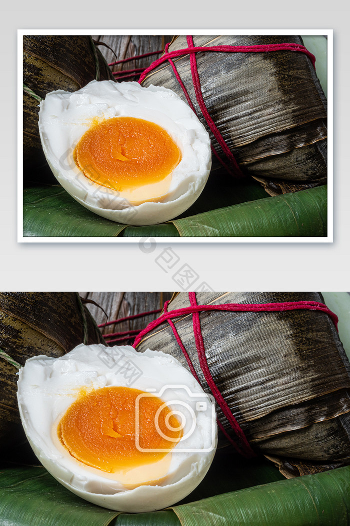墨绿色的箬叶上口感细腻的咸鸭蛋摄影图