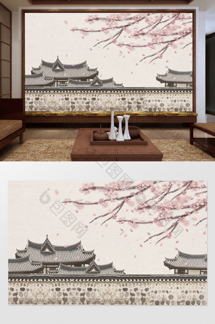 中式古典工笔围墙屋檐落花写意背景墙