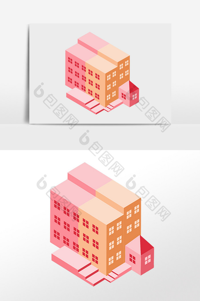 手绘2.5D教学楼立体建筑插画