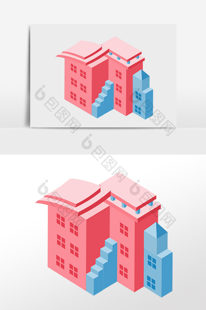 手绘2.5D办公楼房立体建筑插画