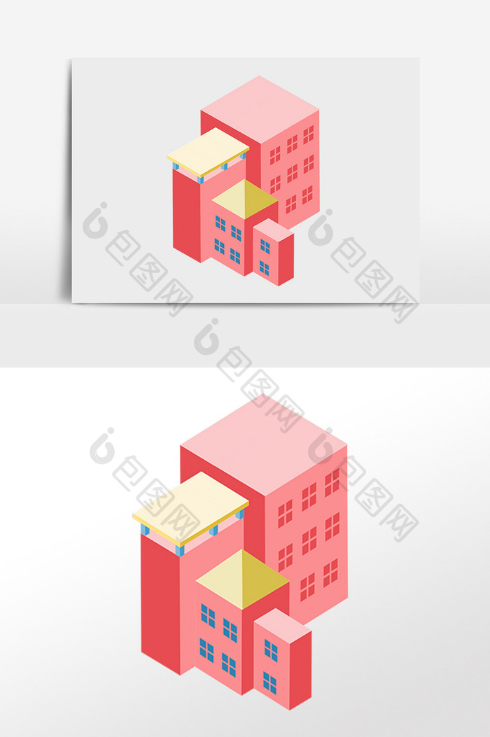 手绘2.5D立体住房楼建筑插画