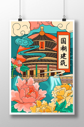 国潮建筑北京天坛插画海报