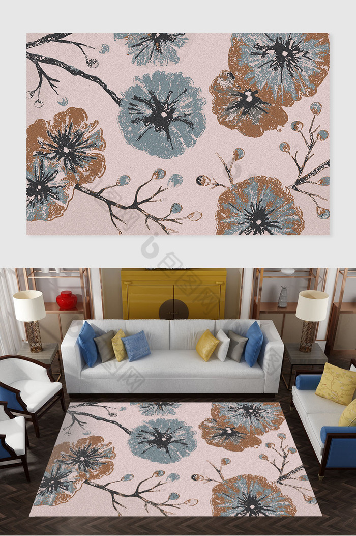 新中式轻奢手绘花枝纹理客厅地毯图案图片图片