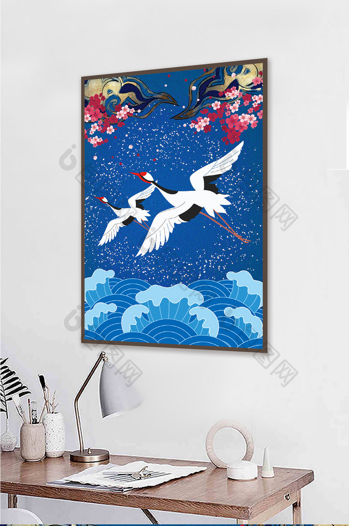 新中式蓝色海浪飞鸟艺术中国风仙鹤装饰画