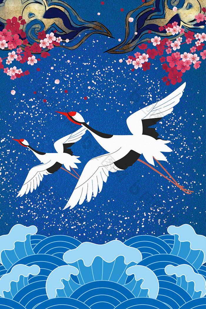 新中式蓝色海浪飞鸟艺术中国风仙鹤装饰画