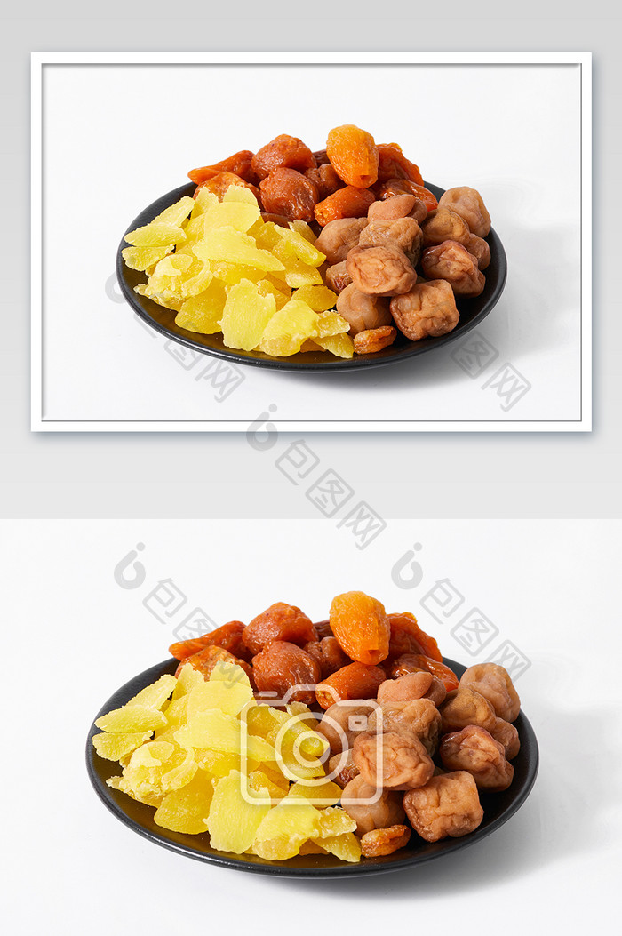 菠萝干杏果干苏式话梅白底图美食摄影图片