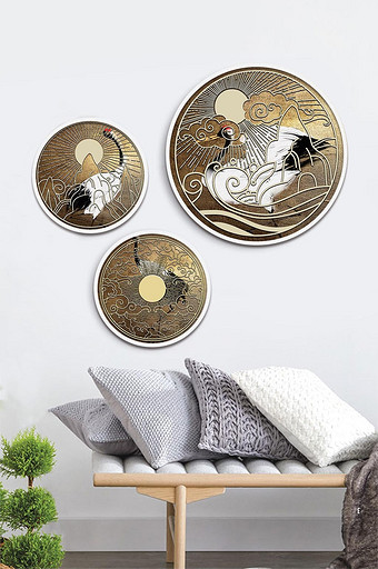 新中式国潮金箔图案线条仙鹤装饰画素材图片
