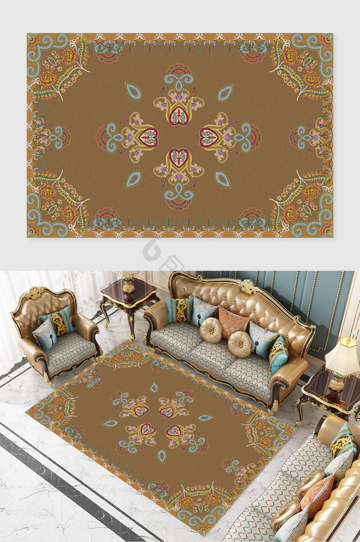 棕色简约复古奢华抽象欧式纹样地毯图案图片