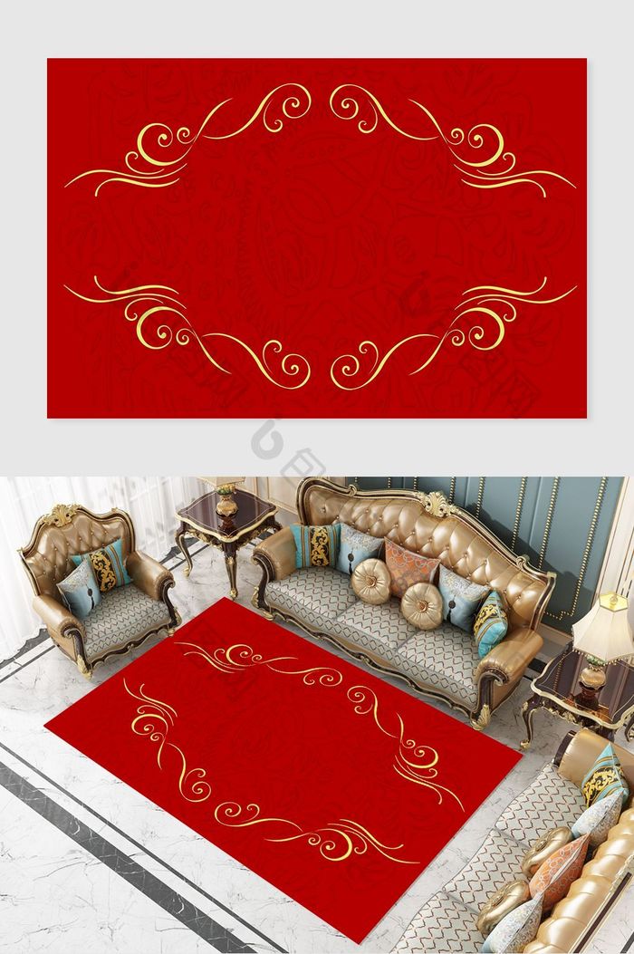 大红色欧式纹样奢华金色宫廷古典地毯图案