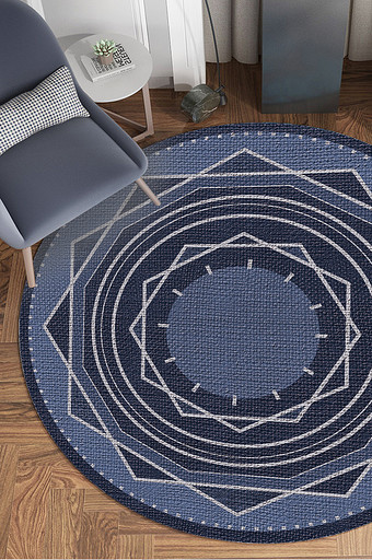 北欧风深蓝色几何纹理圆形地毯图案图片
