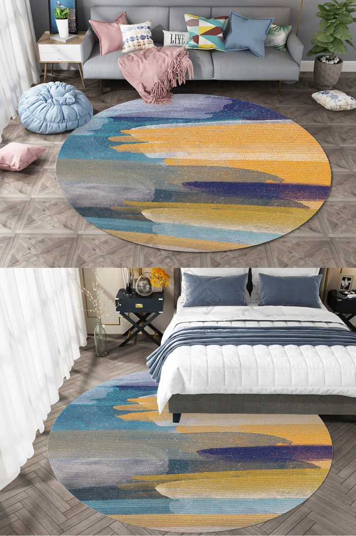 北欧风抽象淡彩水墨客厅圆形地毯图案图片