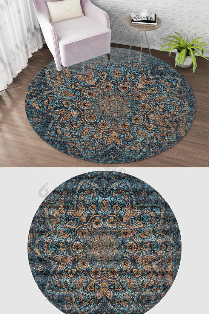 欧式复古深色民族花纹客厅卧室圆形地毯图案