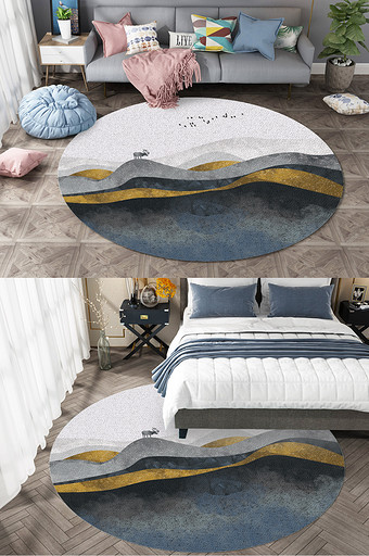 新中式水墨山川麋鹿风景客厅圆形地毯图案图片