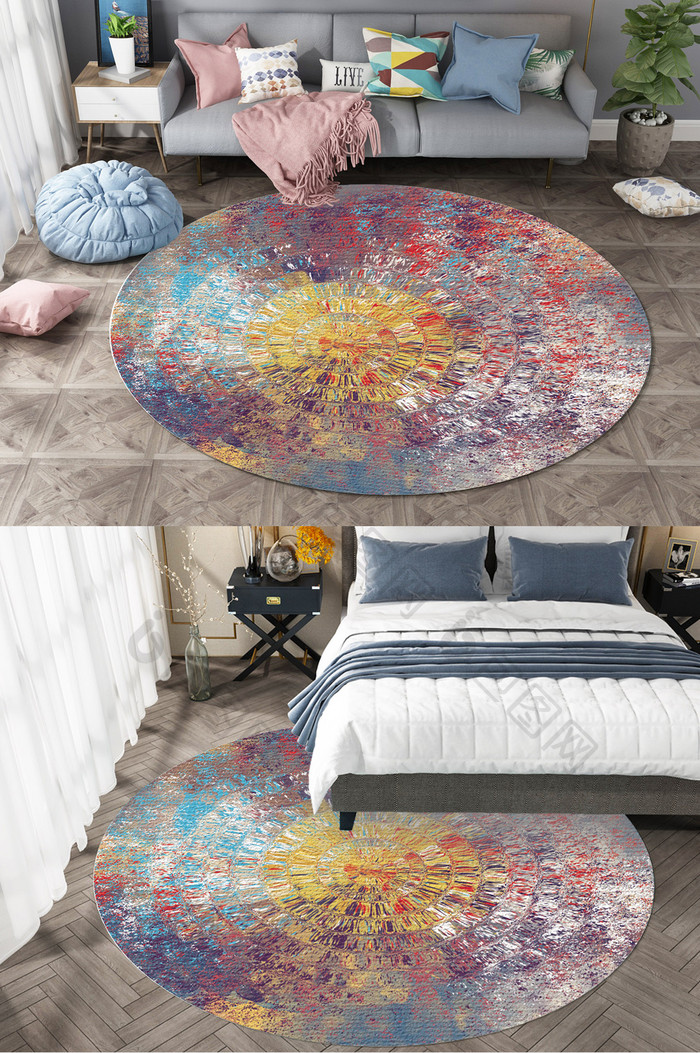 北欧风极简喷溅抽象纹理客厅圆形地毯图案