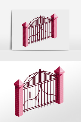 栅栏铁艺大门别墅插画