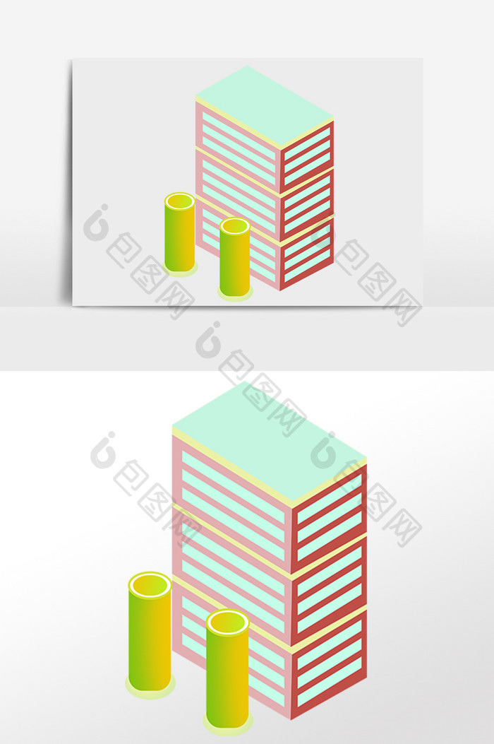 手绘2.5D办公大厦立体建筑插画