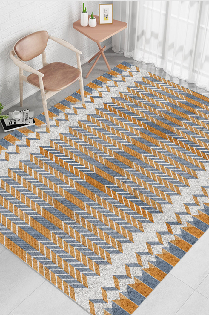 清新橙色几何形状印花北欧风地毯图案