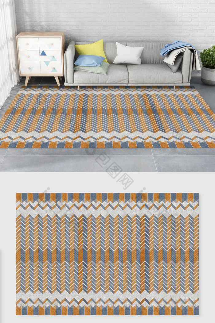 清新橙色几何形状印花北欧风地毯图案