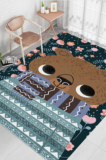 可爱卡通戴围巾的小熊儿童房地毯图案图片