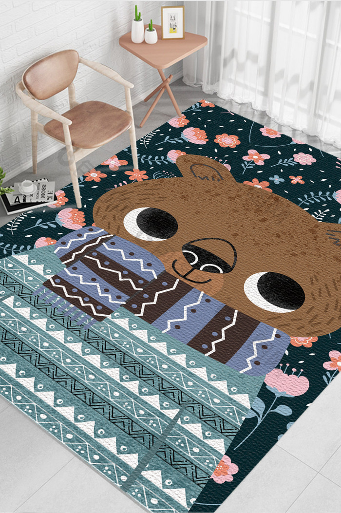 可爱卡通戴围巾的小熊儿童房地毯图案