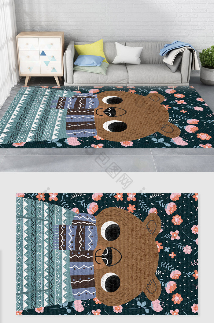 可爱卡通戴围巾的小熊儿童房地毯图案