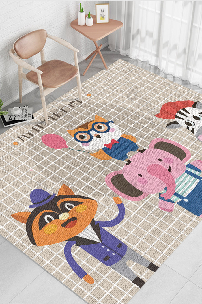 可爱卡通大象猫头鹰儿童房客厅卧室地毯图案