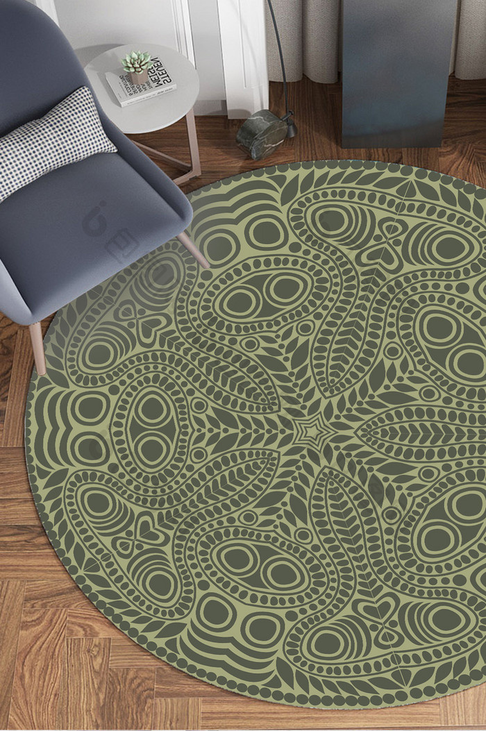 现代绿色波西米亚风格圆形地毯图案