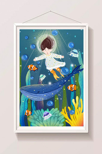 蓝色大海女孩遨游鲸鱼互动旅行爱护海洋插画图片