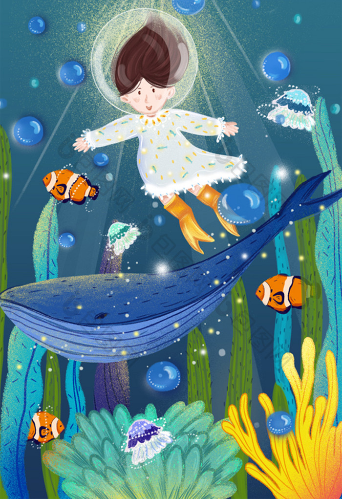 蓝色大海女孩遨游鲸鱼互动旅行爱护海洋插画