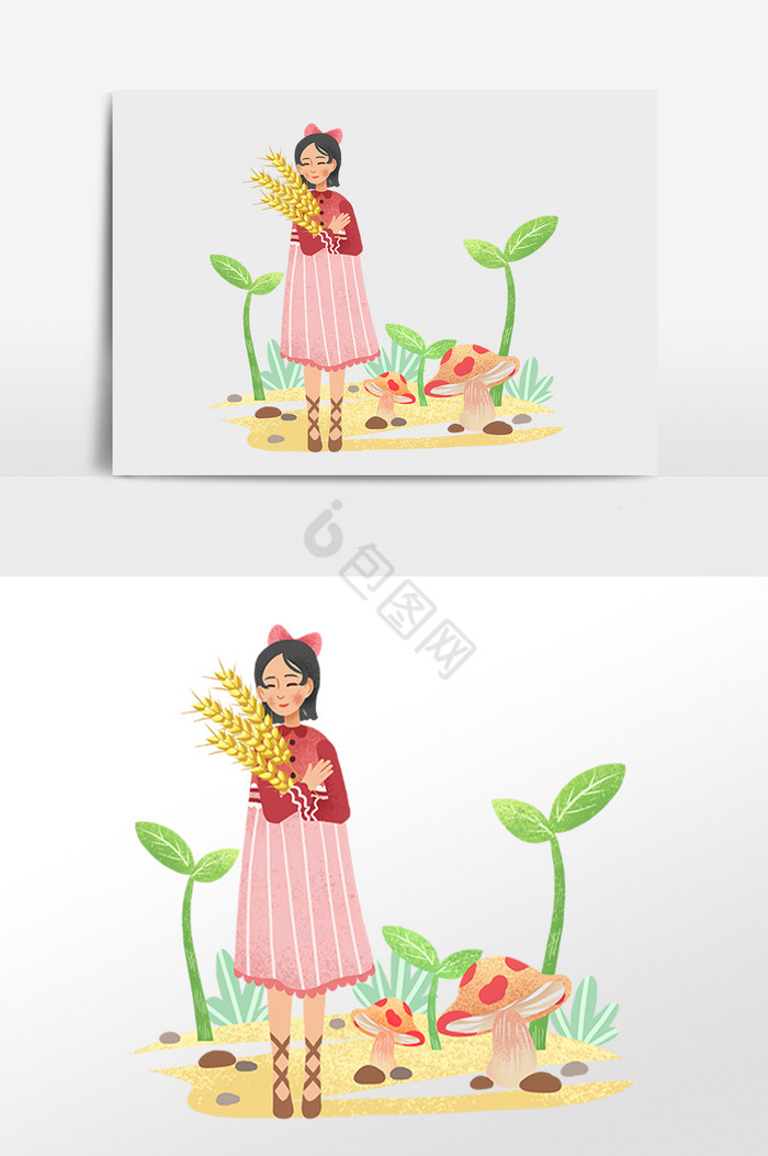 夏季芒种女孩抱小麦插画图片